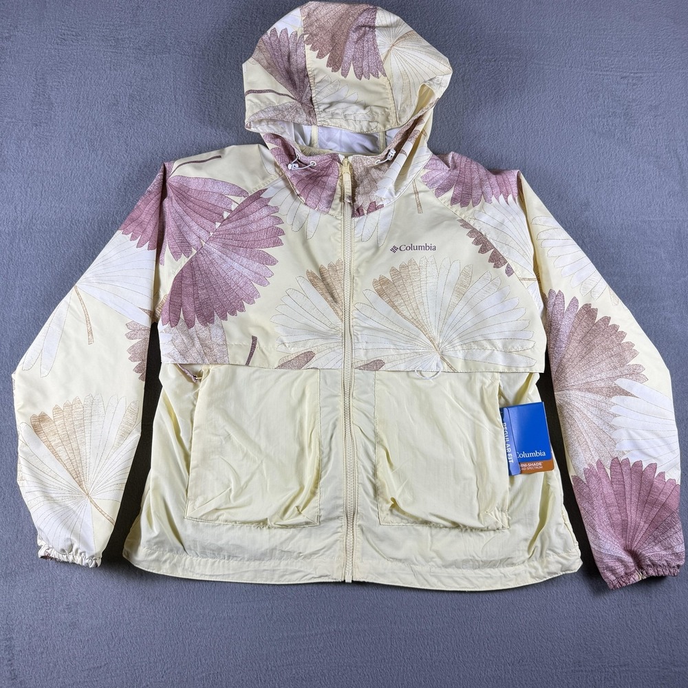 Columbia Jacket Womens Large Yellow Floral Omni-Shade Hooded Windbreaker UPF 50